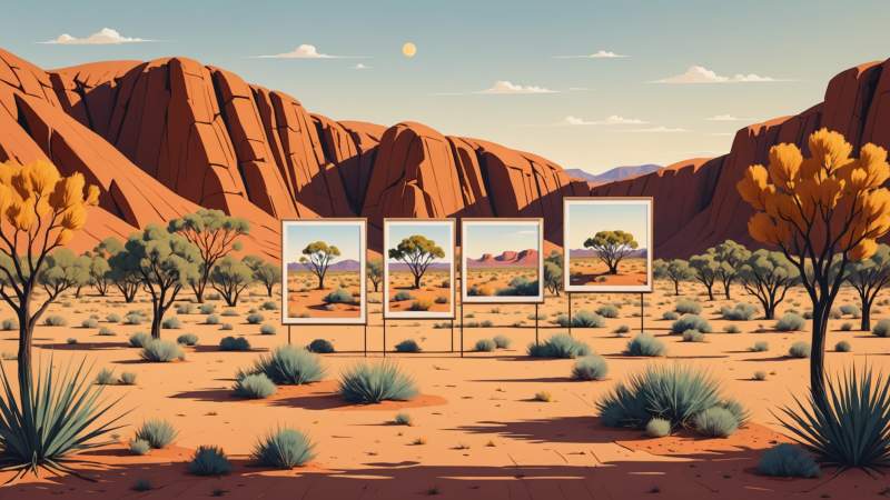 Abstract illustration of an art exhibition scene with desert plants and mountain shapes symbolizing Alice Springs in Australia.