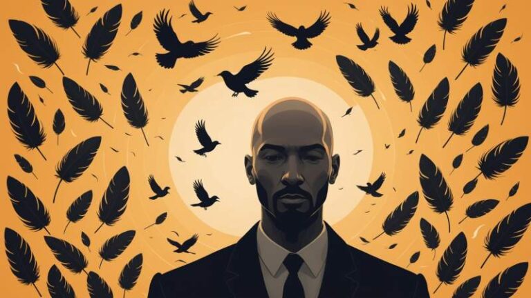 A stylized bald head silhouette with floating feathers and open birdcages symbolizing freedom and self-acceptance in Australia.