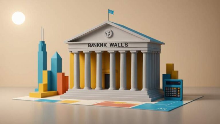 Minimalist illustration of a bank building with financial graphs and a map outline symbolizing banking stability in New South Wales, Australia.