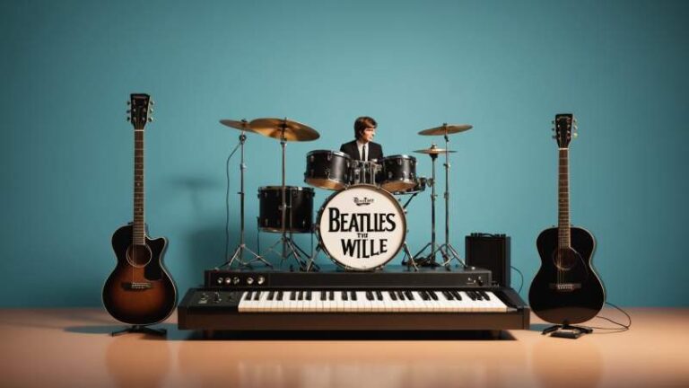 Minimalist illustration of musical instruments and vinyl records symbolizing The Beatles with a subtle kangaroo silhouette representing Australia.