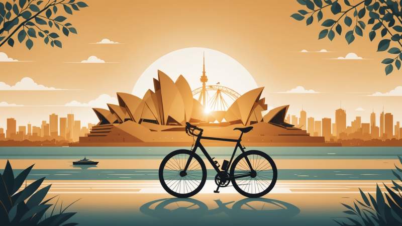 A minimalist vector illustration of a bicycle with eucalyptus leaves and Sydney Opera House outlines symbolizing bike commuting in Australia.