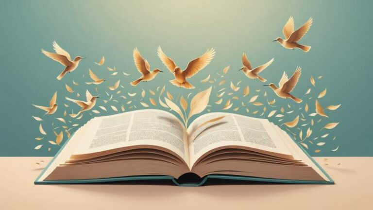 An open book with pages turning into birds and eucalyptus leaves symbolizing book giving day in Australia.