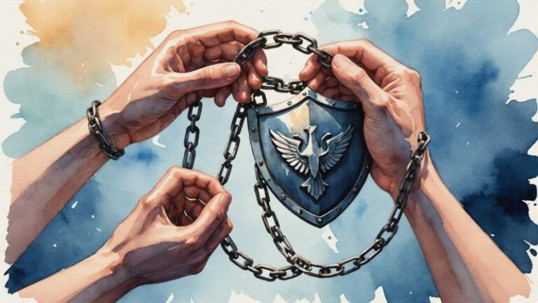 Abstract hands holding a broken chain and shield symbolizing protection against bullying and violence in Australia.