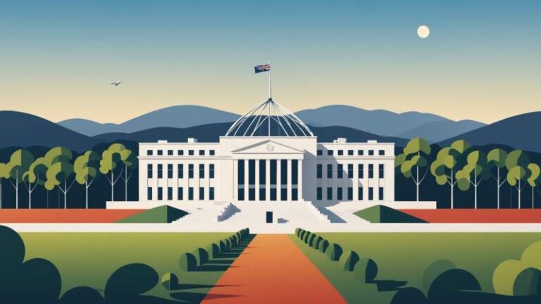Minimalist illustration of Australian Parliament House outline with eucalyptus leaves symbolizing Canberra Day in the Australian Capital Territory.