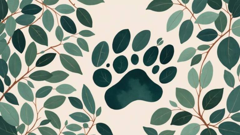 An illustration of a cat paw with fading claws surrounded by eucalyptus leaves symbolizing claw removal awareness in Australia.
