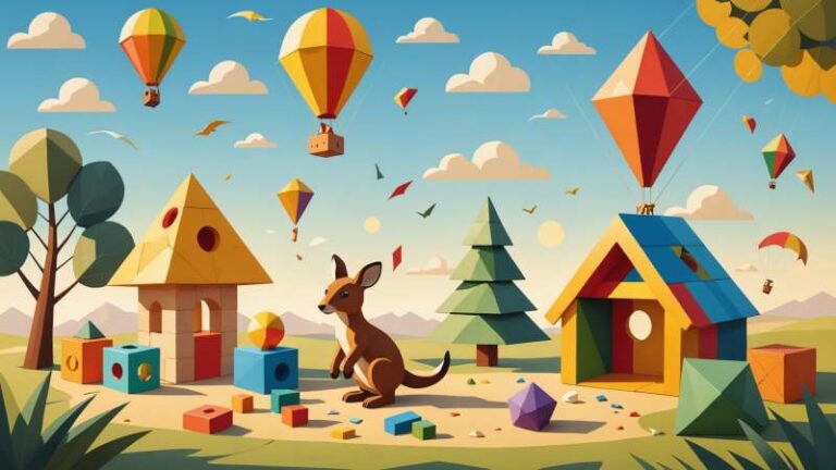 Colorful children's toys and Australian symbols arranged in a warm, soft textured illustration representing Children's Day in Australia.