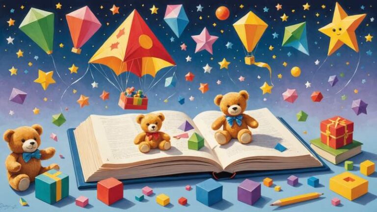 A soft gouache illustration of colorful children's toys floating above an open book symbolizing joy and smiles for children in Australia.