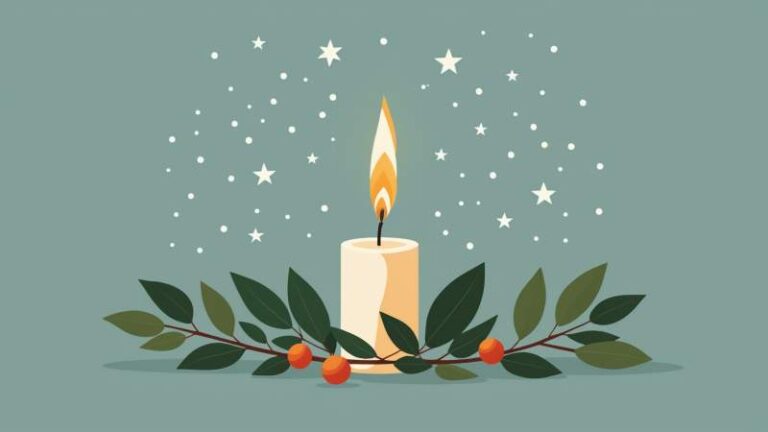 A minimalist illustration showing a eucalyptus branch with Christmas ornaments and a glowing candle symbolizing Christmas Eve in Australia.
