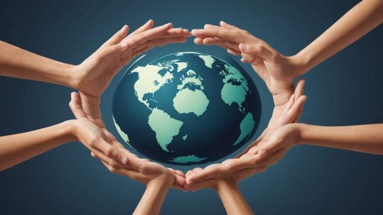 An elegant vector illustration of a globe encircled by interlocking hands with eucalyptus leaves, symbolizing unity for Commonwealth Day in Australia.