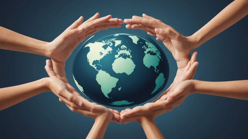 An elegant vector illustration of a globe encircled by interlocking hands with eucalyptus leaves, symbolizing unity for Commonwealth Day in Australia.