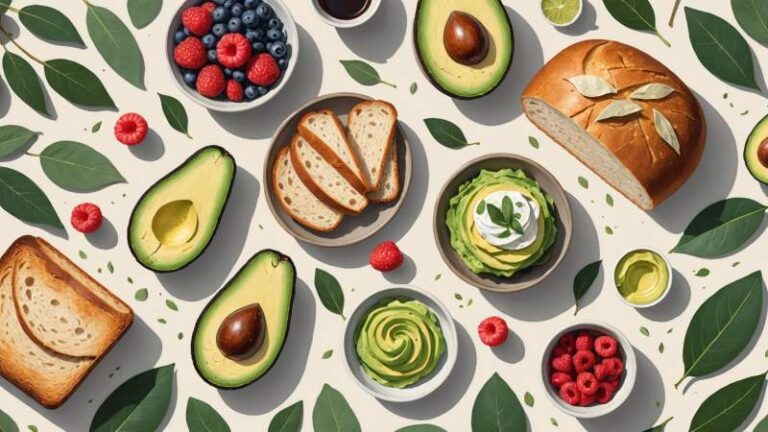 An artistic arrangement of stylized food items including avocado, bread, berries, and eucalyptus leaves representing delicious food in Australia.