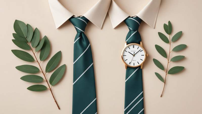 An elegant vector illustration of a necktie, watch, and eucalyptus leaf symbolizing Father's Day in Australia.