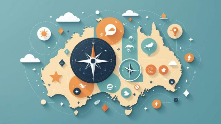 Abstract illustration showing symbolic icons of chance meetings including a compass, footprints, speech bubbles, coin, and map pin representing the Day of Five Random Encounters in Australia.