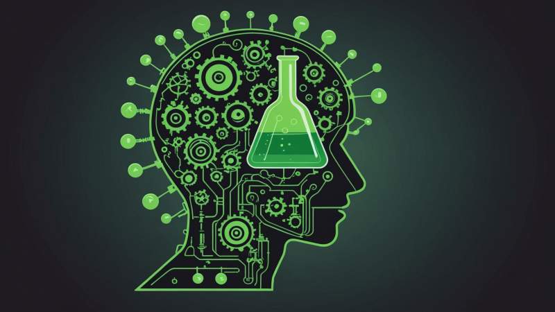 A minimalist illustration showing symbolic elements of Frankenstein's monster including a stitched head and laboratory items, representing Frankenstein Day in Australia.