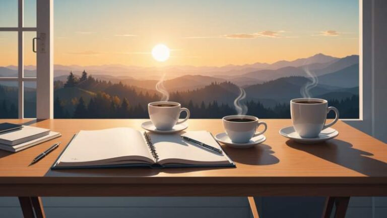 A symbolic illustration of a fresh start on Monday with a coffee cup, planner, and morning sun representing relief and new beginnings in Australia