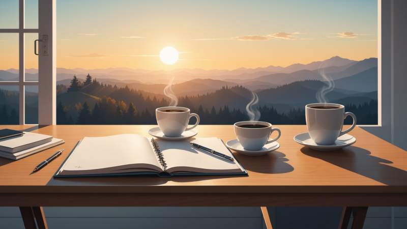 A symbolic illustration of a fresh start on Monday with a coffee cup, planner, and morning sun representing relief and new beginnings in Australia