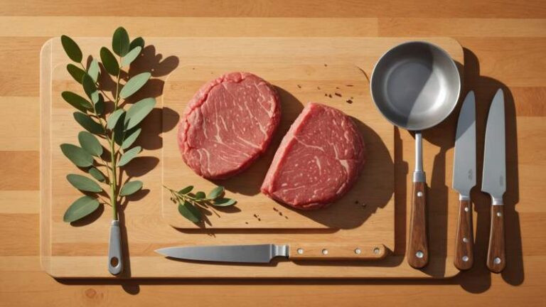 A minimalist illustration of a raw ground meat patty on a cutting board with kitchen utensils and eucalyptus leaf, symbolizing meat mince day in Australia.
