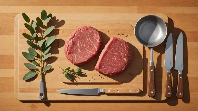 A minimalist illustration of a raw ground meat patty on a cutting board with kitchen utensils and eucalyptus leaf, symbolizing meat mince day in Australia.