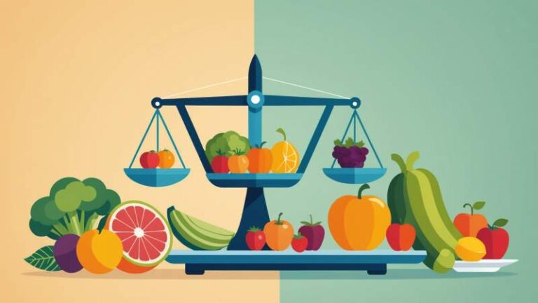 Illustration of balanced scales with fruits, vegetables, and a measuring tape symbolizing healthy weight and appearance in Australia.