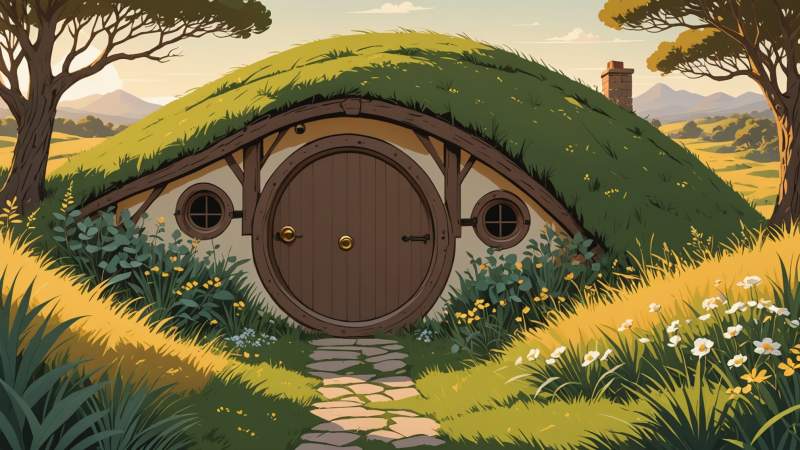A minimalist illustration of a hobbit door nestled in a grassy hill with Australian native plants around it, symbolizing Hobbit Day in Australia.