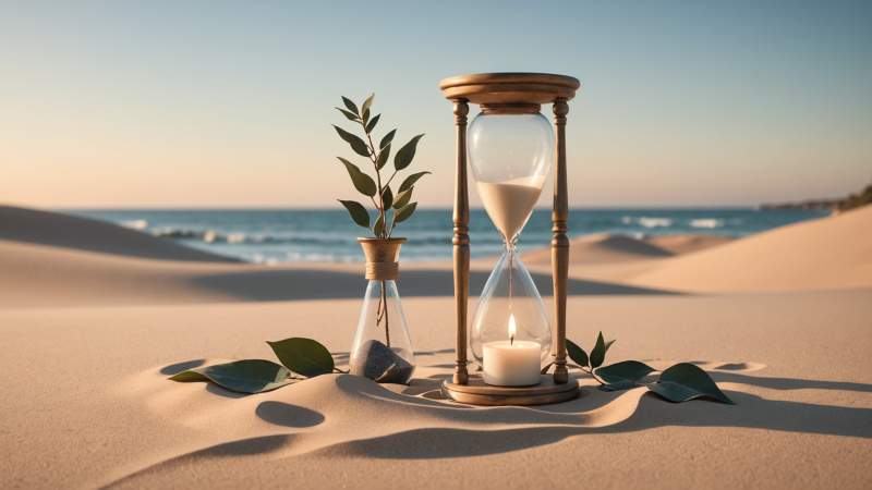 An illustration of an hourglass, a glowing candle, and eucalyptus leaves symbolizing contemplation about death in Australia.