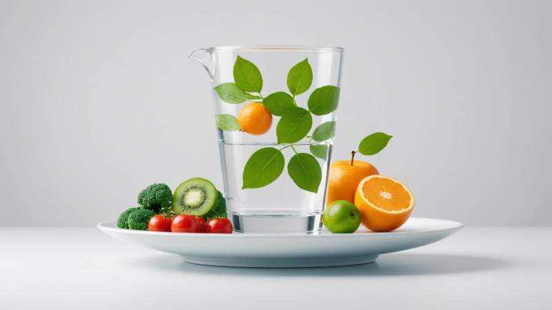A clean glass of water with green leaves and balanced fruits and vegetables symbolizing detox day in Australia.