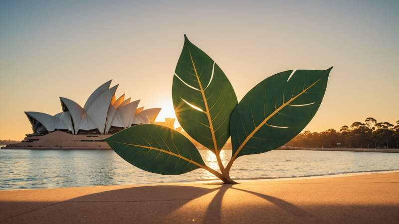An elegant vector illustration of intertwined eucalyptus leaves with a boomerang and Sydney Opera House silhouette symbolizing connection and Australian culture.