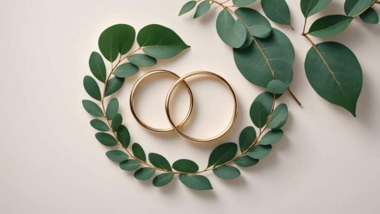 Minimalist illustration of intertwined wedding rings with eucalyptus leaves symbolizing marriage in Australia.