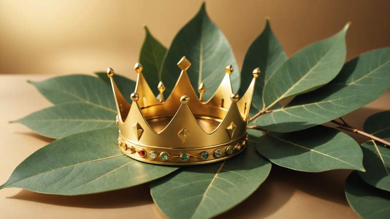 An elegant vector illustration of a golden crown on a eucalyptus leaf with Australian flag motifs symbolizing the King's birthday in Australia.