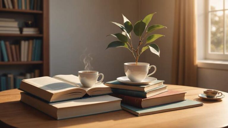 A stack of books with a heart-shaped bookmark and a cup of tea beside it, softly lit with warm golden light and a eucalyptus leaf nearby, symbolizing love for bookstores in Australia.