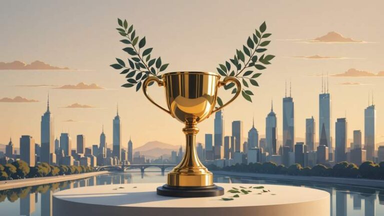 A golden trophy cup with eucalyptus leaves and a subtle Melbourne skyline in warm golden light symbolizing the Melbourne Cup in Australia.