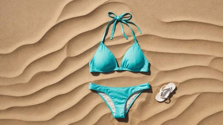 A minimalist flat design of a bikini on a sandy beach with soft ocean waves in the background, symbolizing summer beachwear in Australia.