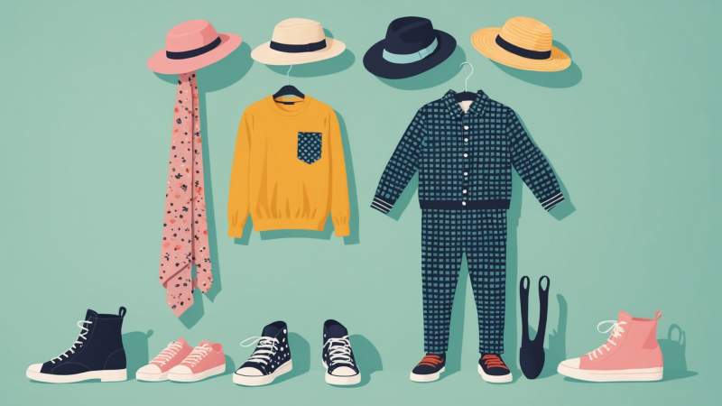 Illustration of various mismatched clothing items arranged symbolically to represent the Day of Mismatched Clothing in Australia.