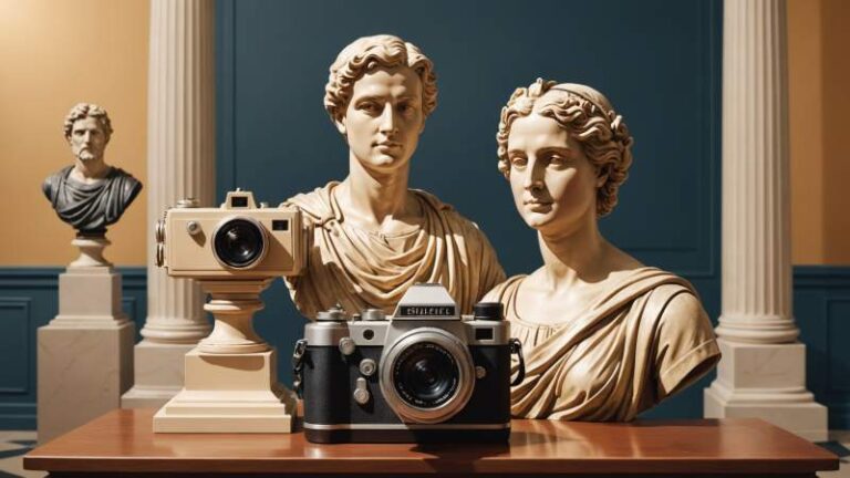 An elegant vector illustration showing a vintage camera, a classical statue bust, and a smartphone symbolizing museum selfies in Australia.