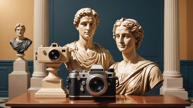 An elegant vector illustration showing a vintage camera, a classical statue bust, and a smartphone symbolizing museum selfies in Australia.