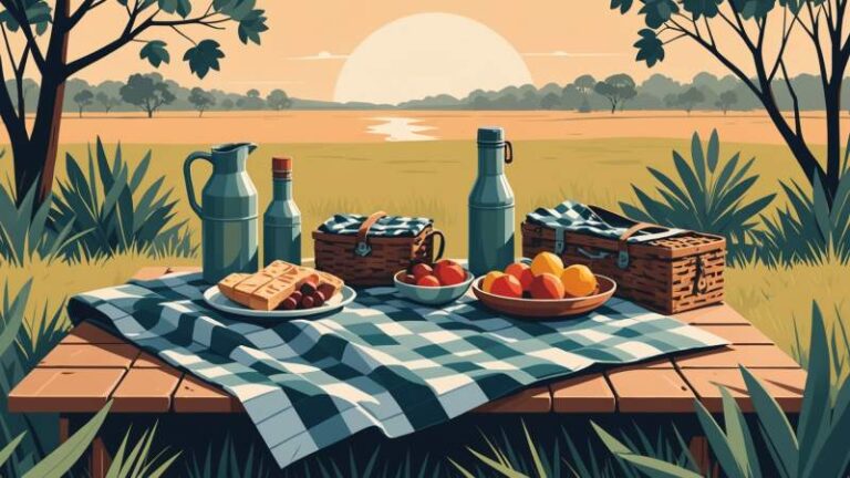A minimalist picnic setup with native bush fruits and eucalyptus on a checkered blanket symbolizing Picnic Day in Australia's Northern Territory.