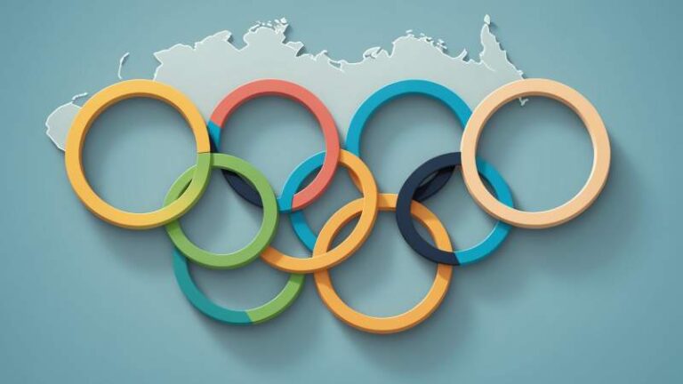 Vector illustration of the Olympic rings floating above a minimalist map of Australia with abstract shapes symbolizing unity.