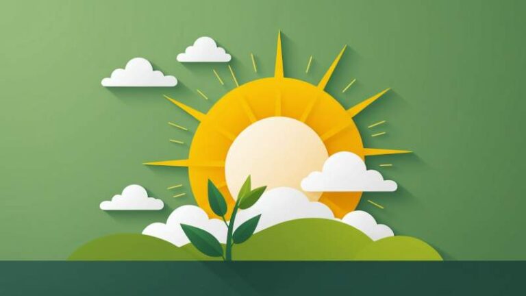 A minimalist illustration showing a bright sun, green sprout, and upward arrow symbolizing optimism in Australia.