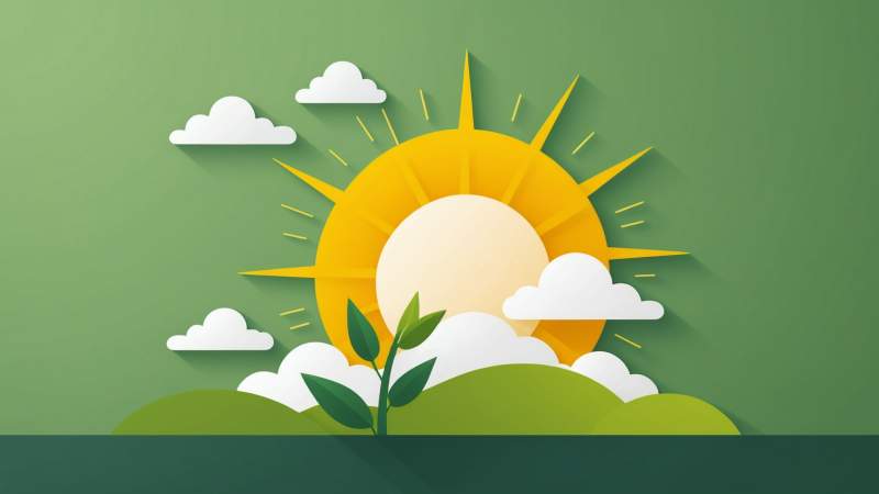 A minimalist illustration showing a bright sun, green sprout, and upward arrow symbolizing optimism in Australia.