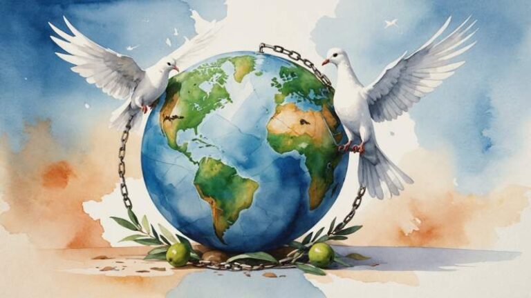 A symbolic illustration showing a cracked globe, a white dove with an olive branch, and broken chains representing the fight against terrorism and hope for peace in Australia.