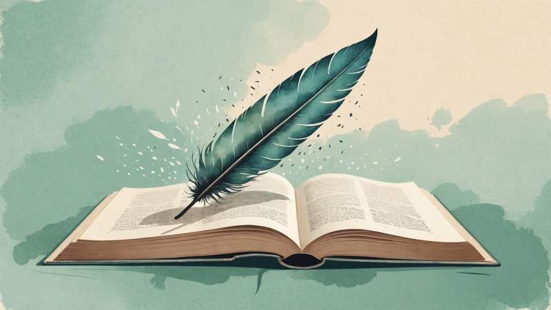 An open vintage book with pages turning into quill feathers surrounded by ink droplets and eucalyptus leaves, symbolizing World Poetry Day in Australia.