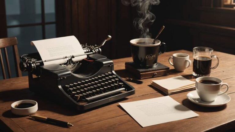 An elegant vector illustration of a vintage typewriter, quill pens, and a coffee cup on a wooden desk symbolizing poetry at work in Australia.