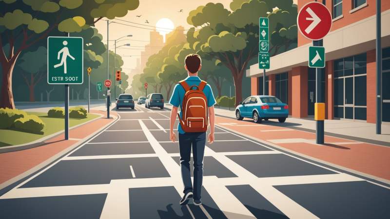 Illustration of a school backpack, pedestrian crossing sign, and a map with safe routes symbolizing safe road travel to school in Australia.