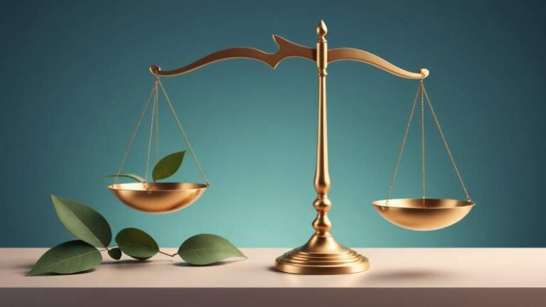 An elegant vector illustration of balanced scales of justice with a eucalyptus leaf symbolizing social justice in Australia.