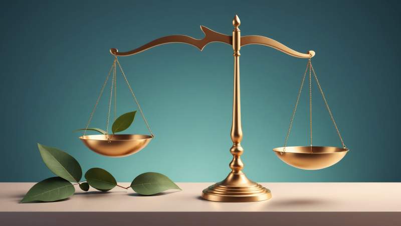 An elegant vector illustration of balanced scales of justice with a eucalyptus leaf symbolizing social justice in Australia.