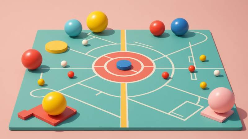 Illustration of classic school playground game items like skipping rope, hopscotch, marbles, and spinning top arranged on a soft pastel background symbolizing World School Games Day in Australia.