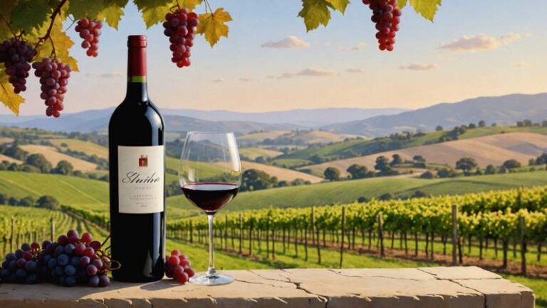 Minimalist illustration of a Shiraz wine bottle and glass with Australian vineyard elements in the background.