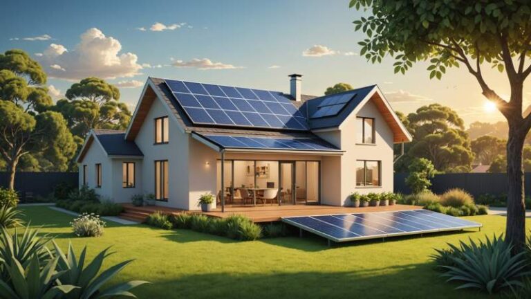 An elegant vector illustration of a sustainable home with solar panels and eucalyptus leaves symbolizing eco-friendly living in Australia.