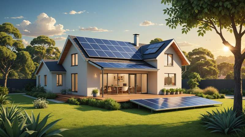 An elegant vector illustration of a sustainable home with solar panels and eucalyptus leaves symbolizing eco-friendly living in Australia.
