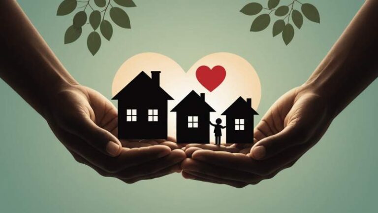 Illustration of hands holding a small house and heart symbolizing adoption and care in Australia.